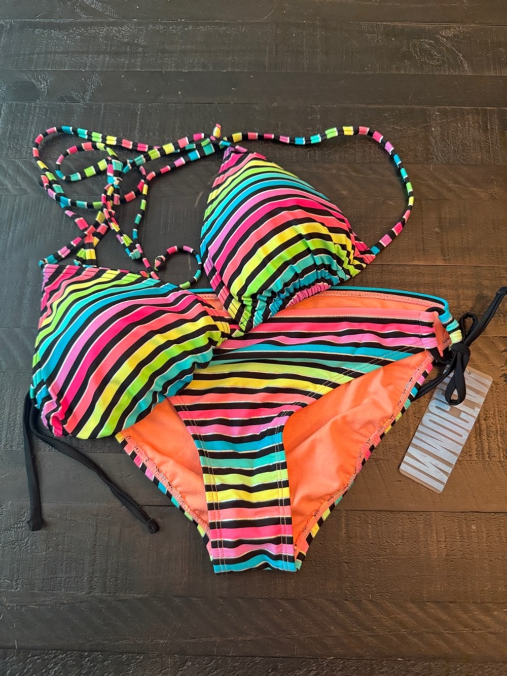 OP/Inmotion Ladies Neon Rainbow Striped Bikini - Top XL, bottom L